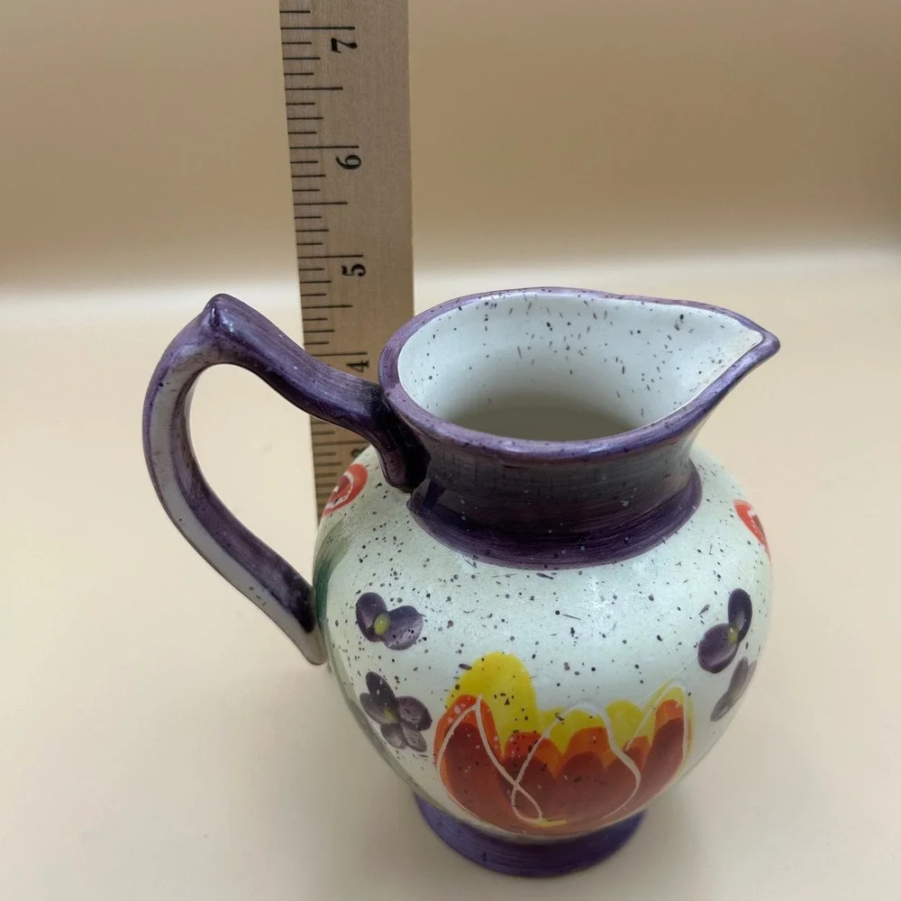 Julie Ueland Enesco Ceramic Pitcher Floral Tulip Purple Hand Painted 2000 Vtg
